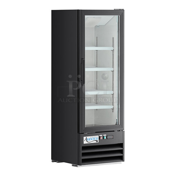 BRAND NEW SCRATCH AND DENT! 2023 Avantco 178GDC10HCB Stainless Steel Commercial Single Door Reach In Cooler Merchandiser w/ Poly Coated Racks. 115 Volts, 1 Phase.  Tested and Working!
