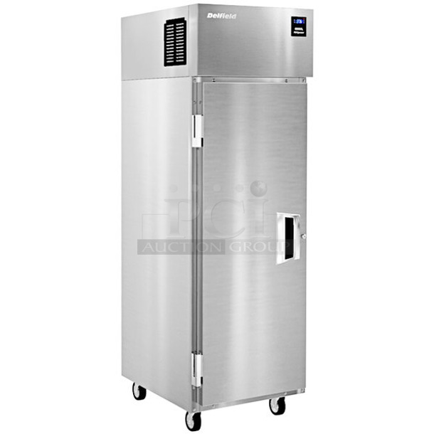 BRAND NEW SCRATCH AND DENT! 2023 Delfield 6125XL-S Stainless Steel Commercial Single Door Reach In Freezer on Commercial Casters. 115 Volts, 1 Phase. Tested and Does Not Power On