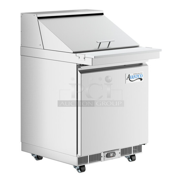 BRAND NEW SCRATCH AND DENT! 2023 Avantco 178ZPT27MHC Stainless Steel Commercial Sandwich Salad Prep Table Bain Marie Mega Top w/ Various Clear Poly Drop In Bins on Commercial Casters. 115 Volts, 1 Phase. Tested and Working!