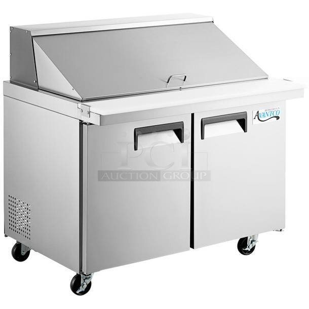 BRAND NEW SCRATCH AND DENT Avantco 178APT48MHC Stainless Steel Commercial Sandwich Salad Prep Table Bain Marie Mega Top on Commercial Casters. 115 Volts, 1 Phase. Tested and Working!