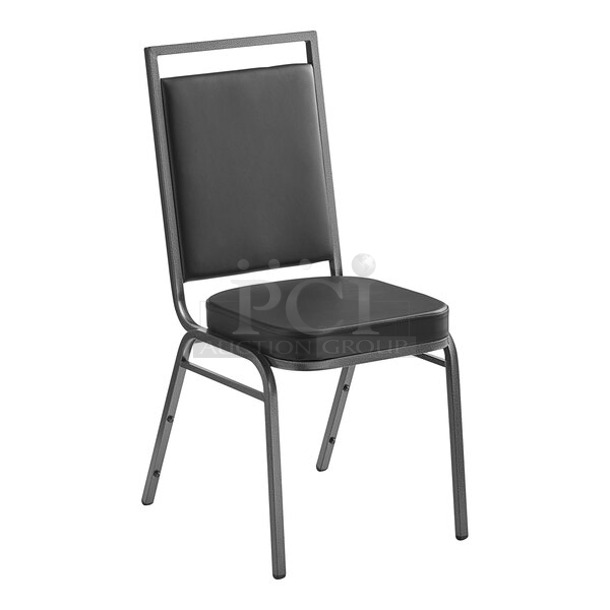 34 BRAND NEW SCRATCH AND DENT! Lancaster Table & Seating 164BCQSQBLKV Square Back Banquet Chair with Black Vinyl and Silver Vein Frame. 34 Times Your Bid! - Image 1 of 6