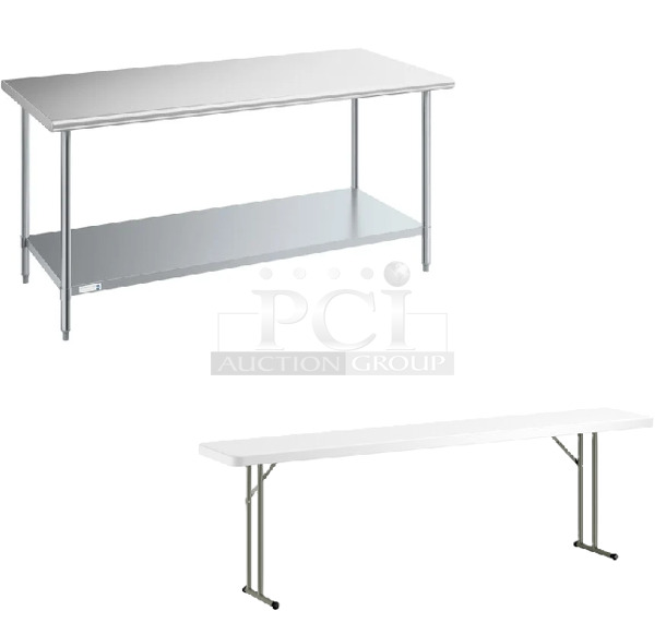 2 BRAND NEW SCRATCH AND DENT! Items; Lancaster Table & Seating 384YCZ1896 18" x 96" Granite White Heavy-Duty Blow Molded Plastic Folding Table and Steelton 522ETSG3072 30" x 72" 18 Gauge 430 Stainless Steel Work Table with Undershelf. 2 Times Your Bid! May Be Missing Pieces. - Image 1 of 3
