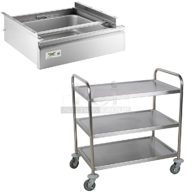 2 BRAND NEW SCRATCH AND DENT! Regency 600DR2020 20" x 20" x 5" Drawer with Stainless Steel Front and 922T20030 33 3/4" x 21" x 37" Knocked Down 24 Gauge Stainless Steel 3 Shelf Utility Cart. 2 Times Your Bid! May Be Missing Pieces. - Image 1 of 3