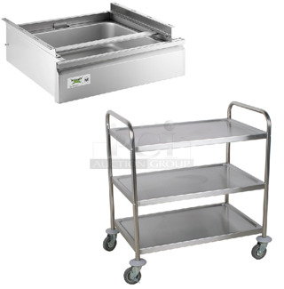 2 BRAND NEW SCRATCH AND DENT! Regency 600DR2020 20" x 20" x 5" Drawer with Stainless Steel Front and 922T20030 33 3/4" x 21" x 37" Knocked Down 24 Gauge Stainless Steel 3 Shelf Utility Cart. 2 Times Your Bid! May Be Missing Pieces.