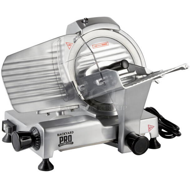 BRAND NEW SCRATCH AND DENT! Backyard Pro 554SL109E Stainless Steel Commercial Countertop Butcher Series 9" Manual Gravity Feed Meat Slicer. 120 Volts, 1 Phase.  - Image 1 of 3