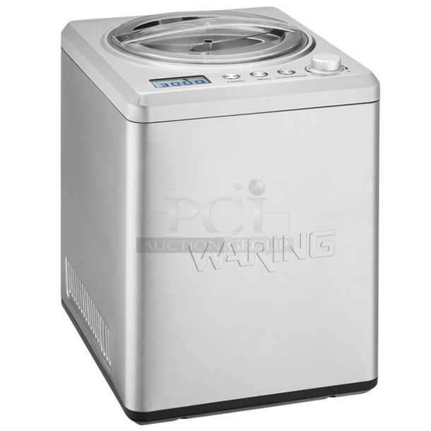 BRAND NEW SCRATCH AND DENT! Waring WCIC25 Stainless Steel Commercial Countertop Ice Cream Maker. 110-120 Volts, 1 Phase.  - Image 1 of 6