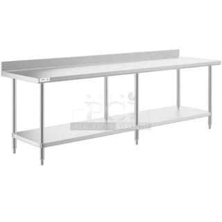 2 BRAND NEW SCRATCH AND DENT! Regency 600TSB30108S 30" x 108" 16-Gauge Stainless Steel Commercial Work Table with 4" Backsplash and Undershelf. 2 Times Your Bid! May Be Missing Pieces. 