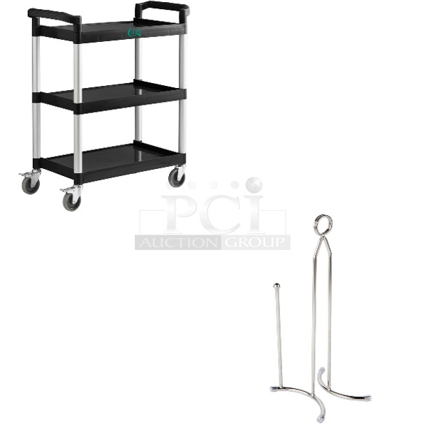 2 BRAND NEW SCRATCH AND DENT! Items Including Choice 109CARTBUSBK Black Utility / Bussing Cart with Three Shelves - 32" x 16" and American Metalcraft PTCC 5 1/2" x 4 1/2" x 13" Stainless Steel Curved Wire Paper Towel Holder with Card Holder. 2 Times Your Bid! May Be Missing Pieces.  - Image 1 of 4