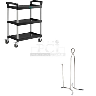 2 BRAND NEW SCRATCH AND DENT! Items Including Choice 109CARTBUSBK Black Utility / Bussing Cart with Three Shelves - 32" x 16" and American Metalcraft PTCC 5 1/2" x 4 1/2" x 13" Stainless Steel Curved Wire Paper Towel Holder with Card Holder. 2 Times Your Bid! May Be Missing Pieces. 