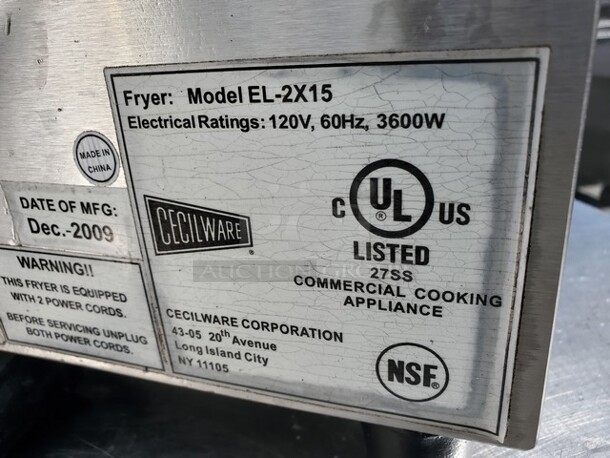 Cecilware Countertop Fryer model EL-2X15 

120 V
60 Hz
3600 W - Image 5 of 5