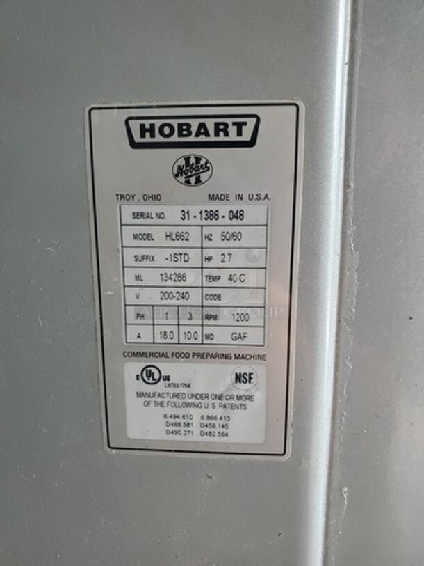 Hobart Legacy+ HL662 60 Qt. Planetary Floor Pizza Mixer with Guard 200-240V/1PH (Broken Knob) W/ Attachments
Includes bowl dolly - Image 4 of 10