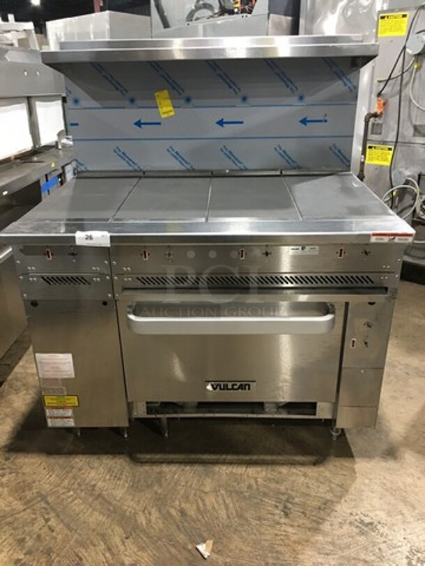 AMAZING FIND! NEW! Vulcan Commercial Electric Powered French Top/ Hot Plate Stove! With Raised Back Splash And Salamander Shelf! With Oven Underneath! All Stainless Steel! On Legs! Model: EV48S4HT208 SN: 481880485 208V 60HZ 1/3 Phase
