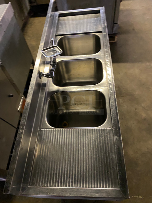 Commercial 3 Bay Sink! With Dual Drainboard, Faucet And Handles! All Stainless Steel! On Legs! - Image 5 of 9