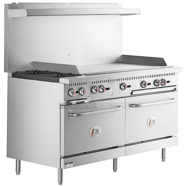 BRAND NEW SCRATCH AND DENT! CPG 351S60G48L Commercial Stainless Steel Liquid Propane Gas 60" Gas Range With 48" Griddle, Two Burners And Two Ovens With Steel Racks. Stock Picture Used For Gallery Picture - Image 1 of 12