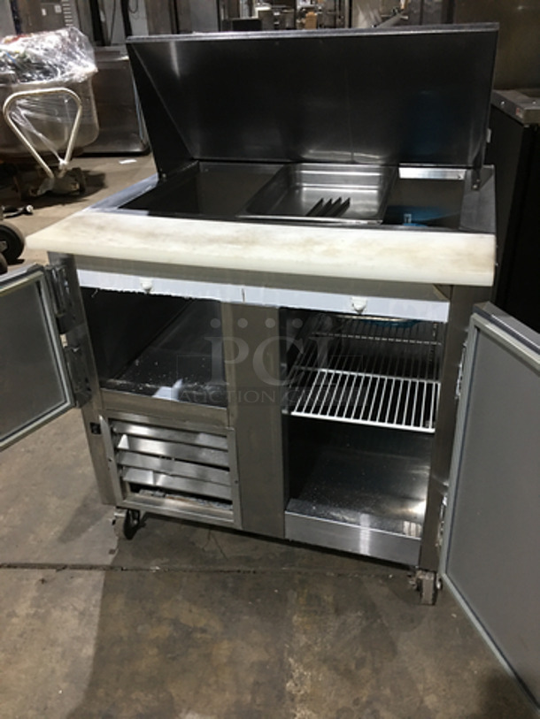Leader Commercial Refrigerated Sandwich Prep Table! With 2 Door Underneath Storage Space! With Poly Coated Racks! With Commercial Cutting Board! All Stainless Steel! On Casters! Model: LM36 SN: PW08M1412 115V 60Hz 1 Phase - Image 5 of 10