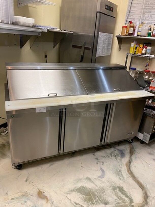 LATE MODEL! 2022 Asber Commercial Refrigerated Sandwich Prep Table! With Commercial Cutting Board! With 3 Door Underneath Storage Space! All Stainless Steel! On Casters! WORKING WHEN REMOVED! Model: APTM7230HC SN: 8102495185 115V 60HZ 1 Phase