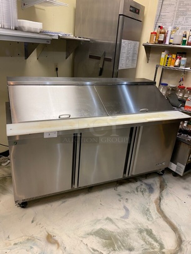 LATE MODEL! 2022 Asber Commercial Refrigerated Sandwich Prep Table! With Commercial Cutting Board! With 3 Door Underneath Storage Space! All Stainless Steel! On Casters! WORKING WHEN REMOVED! Model: APTM7230HC SN: 8102495185 115V 60HZ 1 Phase - Image 1 of 9