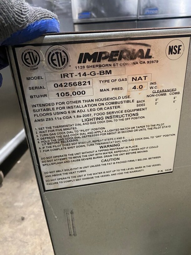 Nice! Imperial! Natural Gas Powered All Stainless Steel Pasta Cooker! On Wheels!  Model IRT-14-G-BM Serial 04256821!  - Image 6 of 8