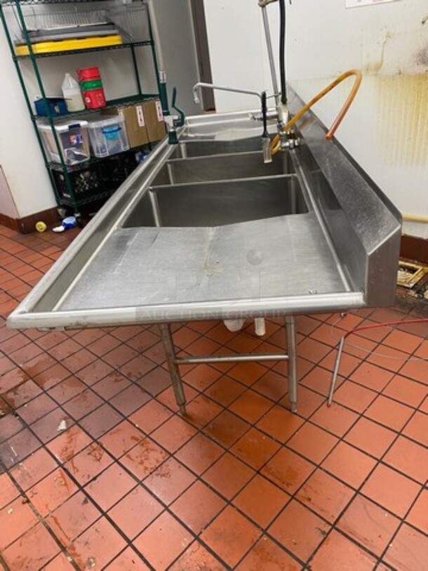 Commercial 3 Compartment Dish Washing Sink! With Dual Side Drain Board! With Back Splash! With Jet Spray, Faucet And Handles! All Stainless Steel! On Legs! - Image 3 of 8