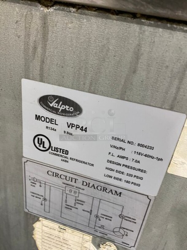 Valpro Commercial Refrigerated Pizza Prep Table! With Single Door Storage Space! All Stainless Steel! On Casters! Model: VPP44 SN: 8004233 115V 60HZ 1 Phase - Image 5 of 11