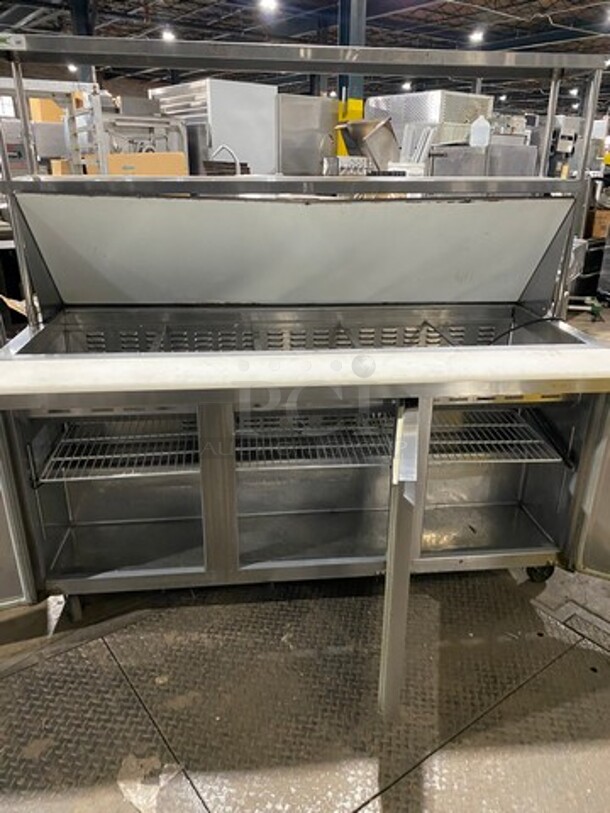 Avantco Commercial Refrigerated Sandwich Prep Table! With Commercial Cutting Board! With Double Over Head Shelf! With 3 Door Underneath Storage Space! Poly Coated Racks! All Stainless Steel! On Casters! Model: 178SSPT71MHC SN: 6720420319041307 115V - Image 5 of 10