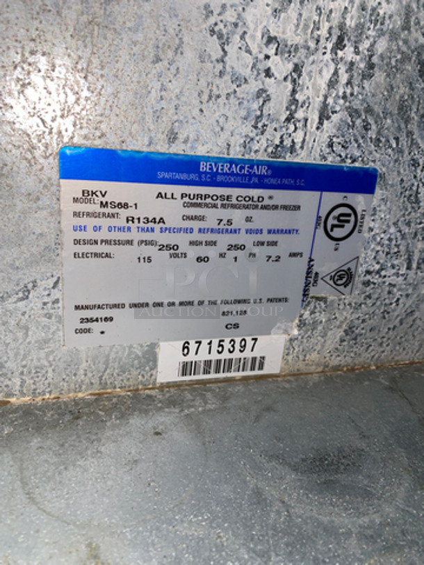 NICE! Beverage Air Commercial Refrigerated Work Top Station! With 2 Door Underneath Storage Space! With Cold Topping Rail! All Stainless Steel! Model: MS681 SN: 6715397 115V 60HZ 1 Phase - Image 7 of 9