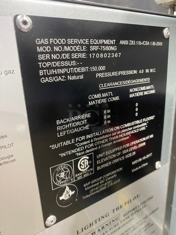 Like New! Sierra Commercial Natural Gas Powered Deep Fat Fryer! With 2 Metal Frying Baskets! With Backsplash! All Stainless Steel! On Casters! Model: SRF7580NG SN: 170802367 - Image 9 of 10