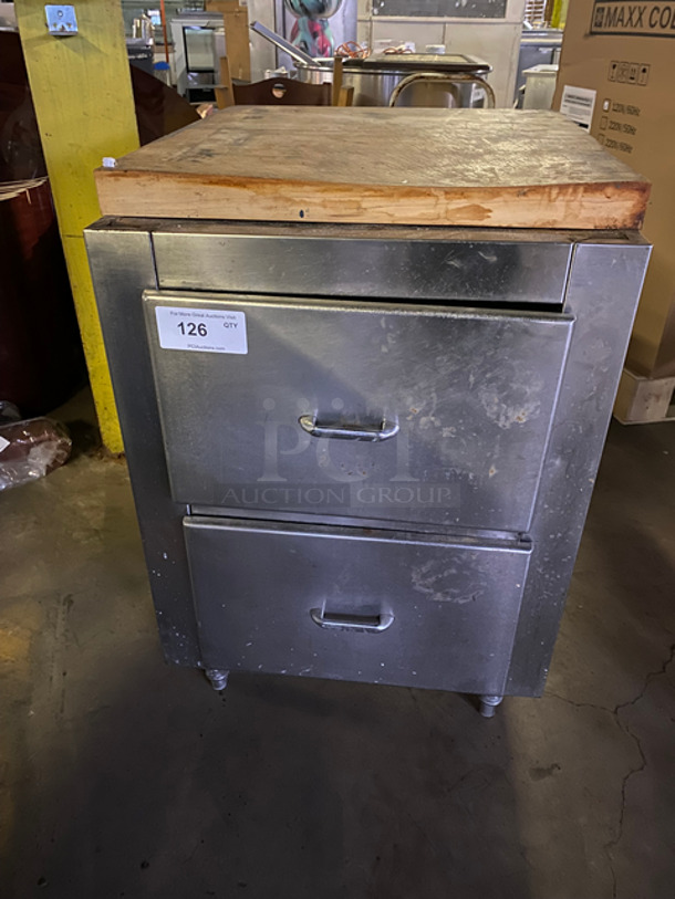 Heavy Duty 2 Drawer Cabinet! With Commercial Chopping Block Top! All Stainless Steel! On Small Legs!