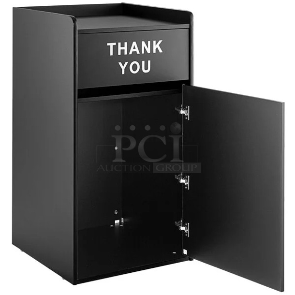 BRAND NEW SCRATCH & DENT! Lancaster Table & Seating Waste 35 Gallon Black Receptacle Enclosure with "THANK YOU" Swing Door. - Out Of Original Packaging.  - Image 4 of 6
