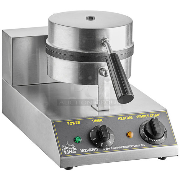 BRAND NEW SCRATCH AND DENT! 2023 Carnival King 382WSM11 Stainless Steel Countertop Non-Stick Single Waffle Maker with Timer. 120 Volts, 1 Phase. Tested and Working! - Image 1 of 5
