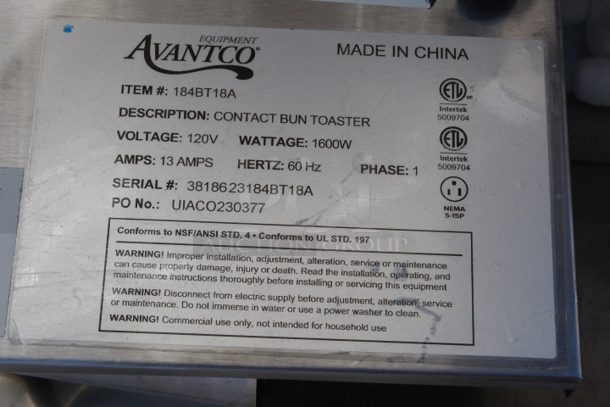 Avantco BT18AXL Vertical Contact Conveyor Bun Toaster with Extended Length Feed Tray - 120V, 1600W.  - Image 3 of 3