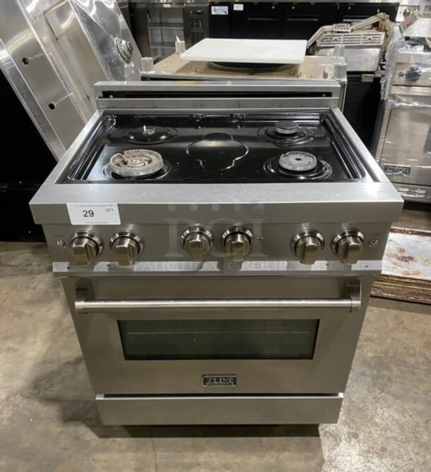 Zline Gas Powered 4 Burner Stove! With Oven Underneath! Stainless Steel! On Legs! Missing Grates! MODEL RGS30 SN:20080776039 120V 