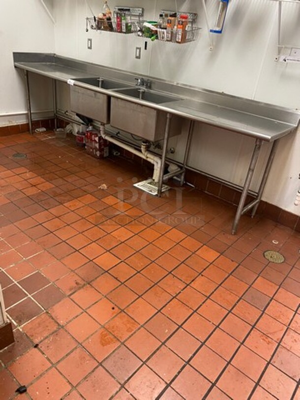Commercial 2 Compartment Sink! With Dual Side Drain Board! With Back Splash! With Faucet And Handles! All Stainless Steel! On Legs! - Image 7 of 7