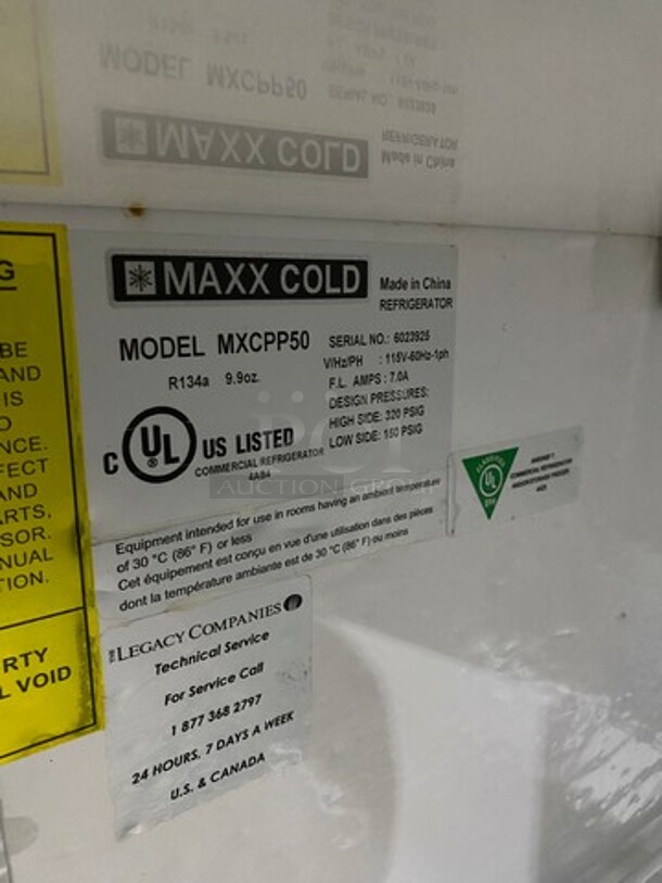Maxx Cold Commercial Refrigerated Pizza Prep Table! With Single Door Storage Space! All Stainless Steel! On Casters! Model: MXCPP50 SN: 6023925 115V 60HZ 1 Phase - Image 7 of 9