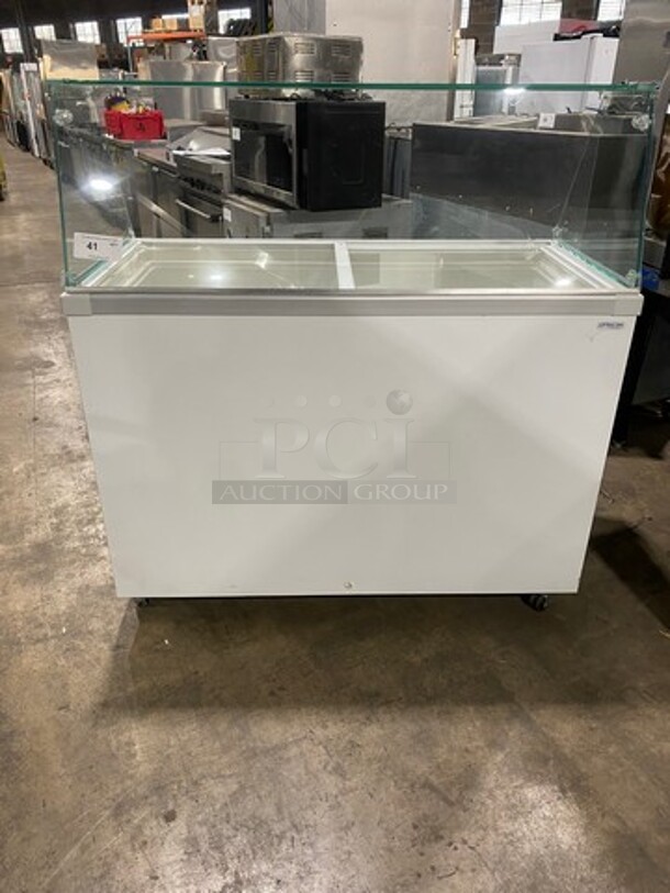 LATE MODEL! 2014 Fricon Commercial Reach Down Chest Freezer Merchandiser! With 2 Top Sliding Doors! With Sneeze Guard! On Casters! Model: THG7SG SN: 021080 115V 60HZ 1 Phase