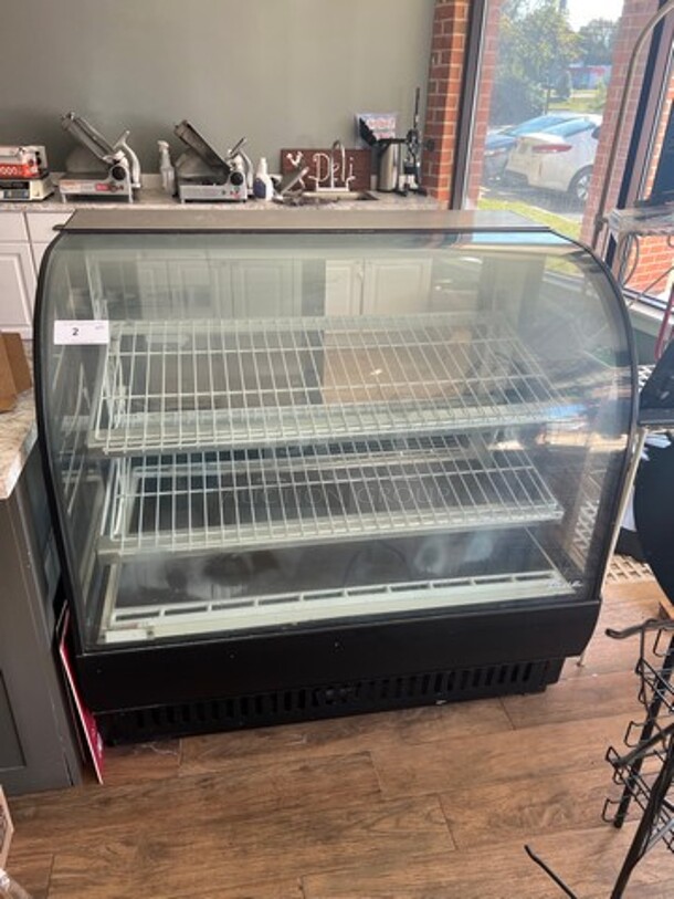 True Commercial Refrigerated Deli/Bakery Display Case Merchandiser! With Curved Front Glass! With Rear Access Doors! WORKING WHEN REMOVED! Model: TCGR50 SN: 13788178 115V 60HZ 1 Phase