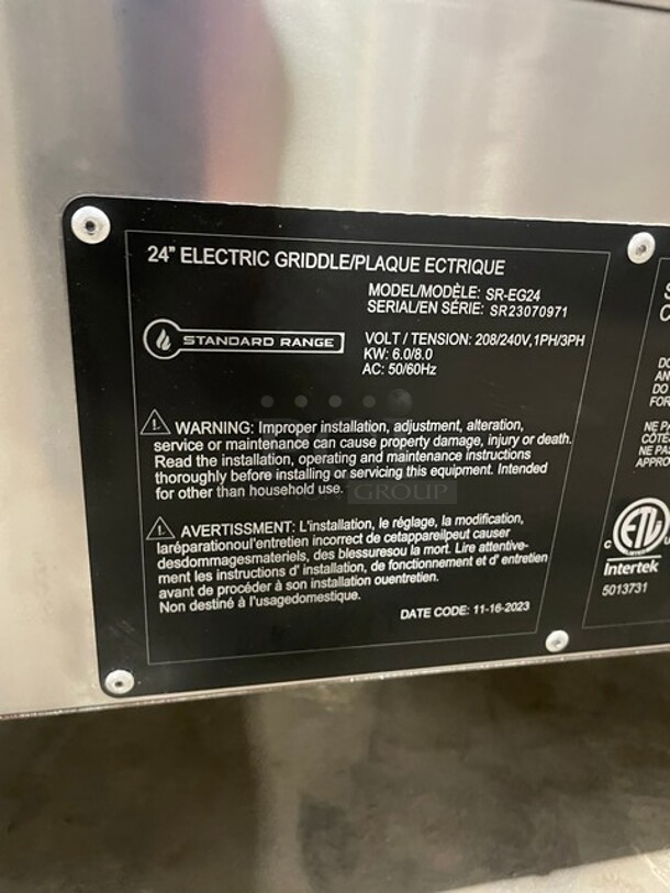 NEW! Scratch-N-Dent! Standard Range 24" Commercial Eletric Powered Countertop Flat Griddle! All Stainless Steel! On Legs! 208/240V 1PH/3PH! Model: SR-EG24 SN: SR2370971! - Image 6 of 8