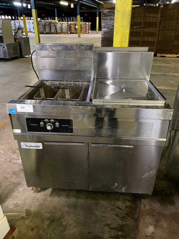 Frymaster Commercial Natural Gas Powered Deep Fat Fryer! With Side Dumping Station! With Back Splash! 2 Metal Frying Baskets! All Stainless Steel! On Casters! Model: 11814NSC SN: 1412PO0003 110/120V 60HZ 1 Phase