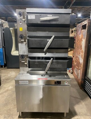 Sweet! LATE MODEL! Cleveland Stainless Steel Commercial Floor Style Electric Powered 3 Deck Pressure Steam Cabinet!! On Legs! MODEL PEM483 SN: 190323050456 208V 3PH! Working When Removed! 