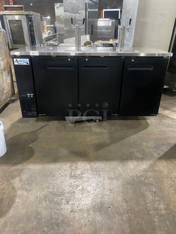 NICE! LATE MODEL!  Avantco Commercial Refrigerated Dual Tower Kegerator! With Towers! With 3 Door Storage Space Underneath! Poly Coated Racks! Model: 178UDD378 SN: 6436334321083606 115V 60HZ 1 Phase