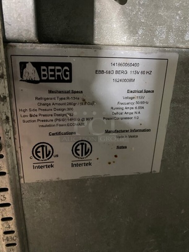 Berg Commercial 2 Door Back Bar Cooler! With View Through Doors! With Metal Rack! Model: EBB68G SN: 141860060400 115V - Image 6 of 9