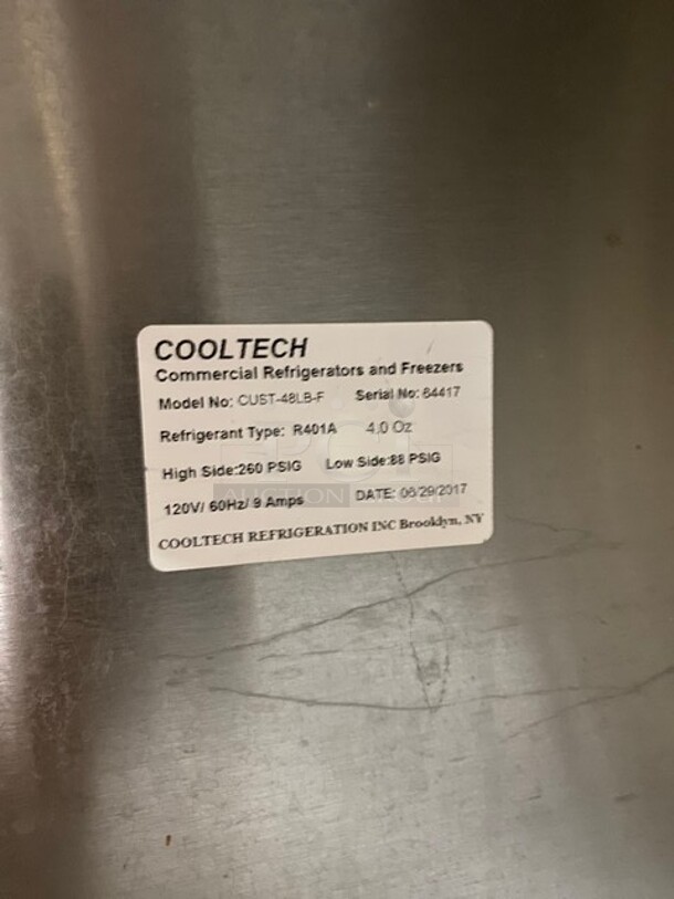 2017 Cool Tech Commercial 2 Door Lowboy/Worktop Freezer! All Stainless Steel! On Casters! MODEL CUST-48LB-F SN: 64417 120V - Image 7 of 11