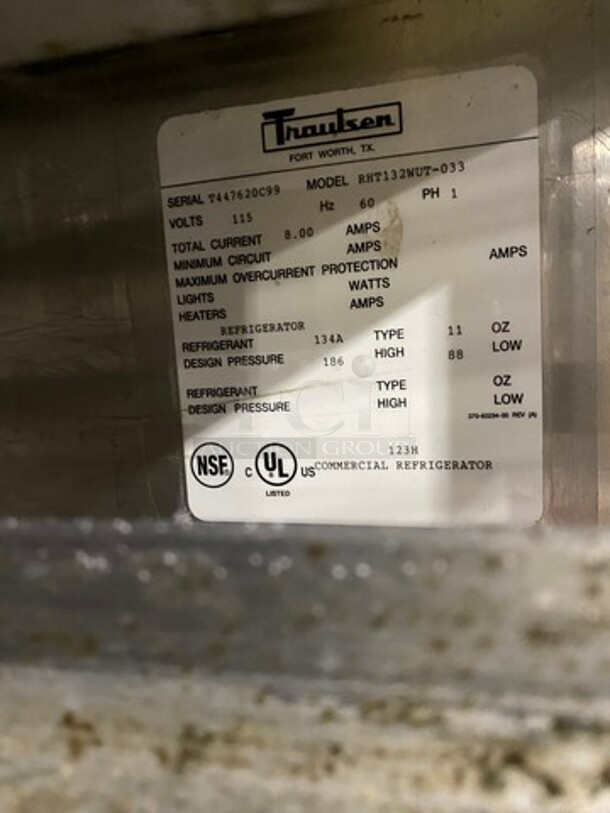 Traulsen Commercial Single Door Reach In Cooler! All Stainless Steel! On Legs! Model: RHT132WUT033 SN: T447620C99! 115V 60HZ 1 Phase! Working When Removed! 
 - Image 7 of 9