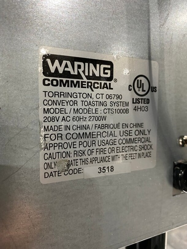 Waring Commercial Countertop Conveyor Toaster Oven! All Stainless Steel! On Legs! Model: CTS1000B 120V 60HZ 1 Phase - Image 5 of 8