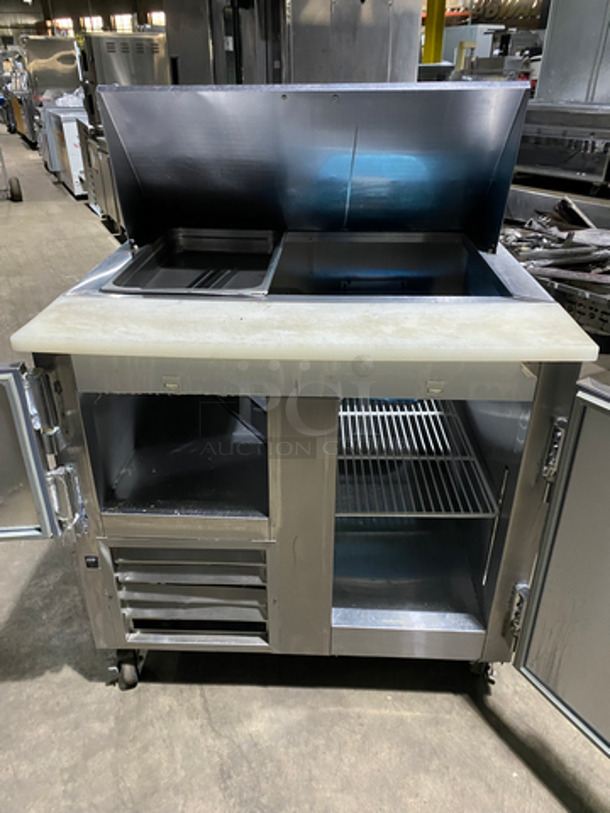 Leader Commercial Refrigerated Sandwich Prep Table! With 2 Door Underneath Storage Space! With Poly Coated Racks! With Commercial Cutting Board! All Stainless Steel! On Casters! Model: LM36 SN: PW08M1412 115V 60Hz 1 Phase - Image 5 of 10