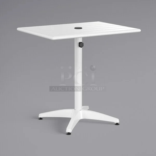 BRAND NEW SCRATCH & DENT! Lancaster Table & Seating 427CAU2432WH 24" x 32" White Powder-Coated Aluminum Dining Height Outdoor Table with Umbrella Hole.   In The Box. Packaging is Damaged.  - Image 1 of 2