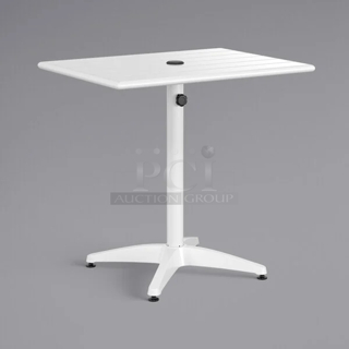 BRAND NEW SCRATCH & DENT! Lancaster Table & Seating 427CAU2432WH 24" x 32" White Powder-Coated Aluminum Dining Height Outdoor Table with Umbrella Hole.   In The Box. Packaging is Damaged. 
