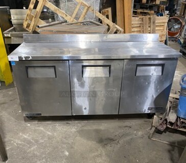True Commercial 3 Door Refrigerated Lowboy/Worktop Cooler! With Backsplash! All Stainless Steel! On Legs! Model: TWT72 SN: 8048954 115V 60HZ 1 Phase! Working When Removed!