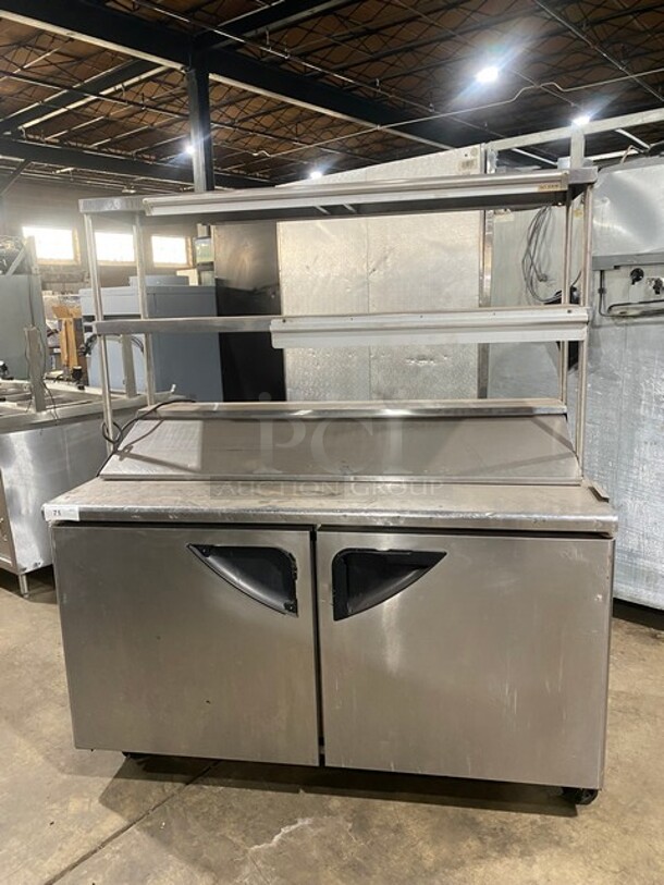 NICE! Turbo Air Commercial Mega Top Sandwich/Salad Prep Table! With 2 Door Refrigerated Base! With 2 Overhead Shelves! All Stainless Steel! With Metal Racks! On Casters! 115V! Model: TST-60SD! - Image 1 of 11