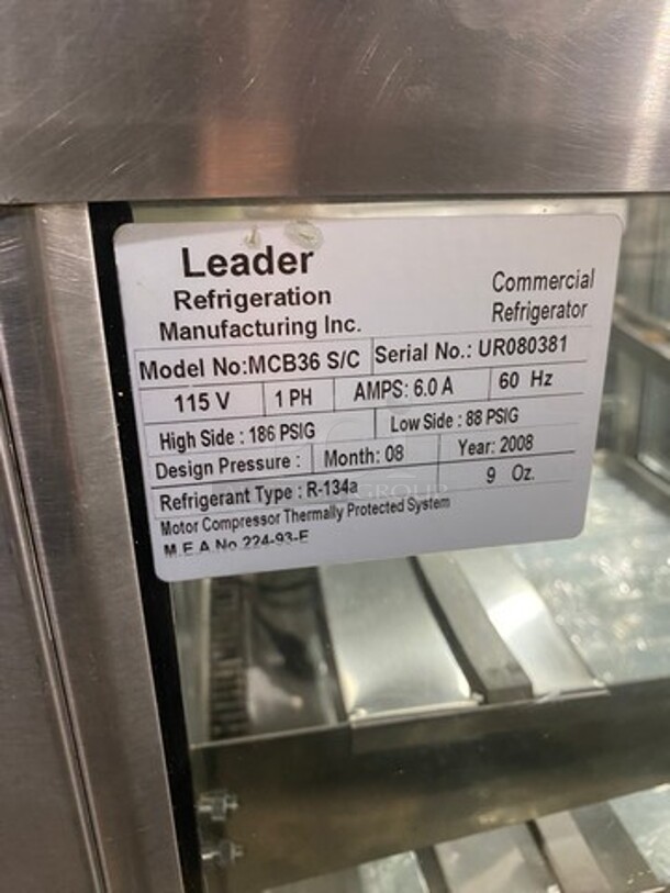 Leader Commercial Refrigerated Deli/ Bakery Display Case Merchandiser! With Straight Front Glass! With Rear Access Doors! Stainless Steel Outline! Model: MCB36SC SN: UR080381 115V 60HZ 1 Phase - Image 7 of 9